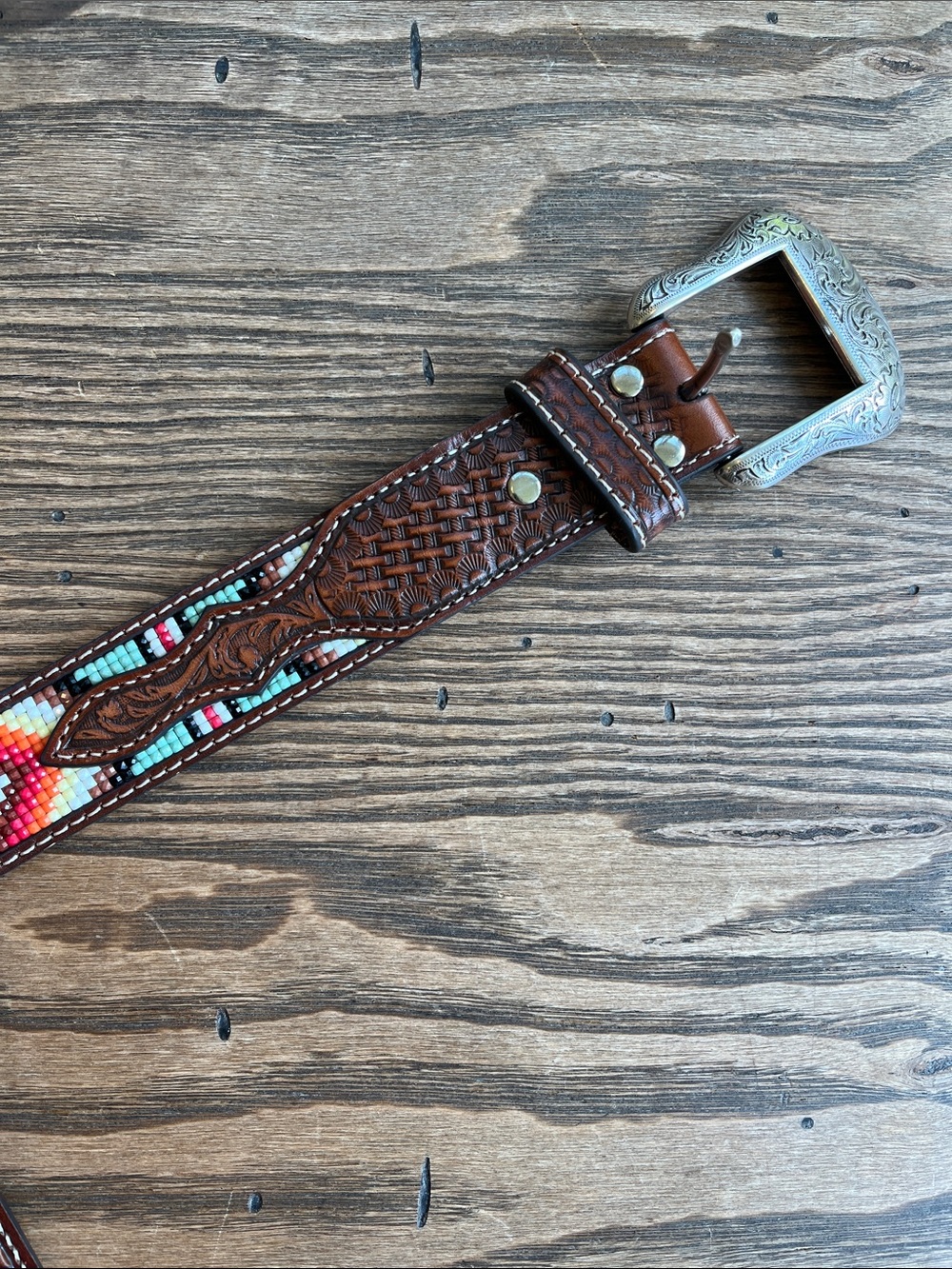 Nocona Brown tooled Leather with Colorful Beaded design southwest western 42